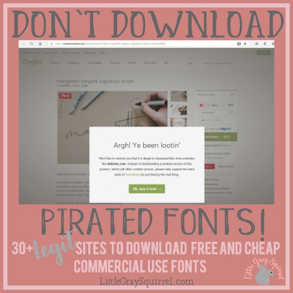 Pop up on a font marketplace warning that the site linked to it distributes pirated fonts