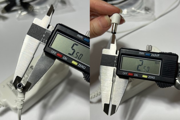 Side by side images of a caliper measuring the size of the connector used in a Silhouette machine. The outside is 5.5mm and the inside is 2.5mm